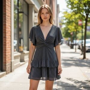 A.L.C. 100% Silk Black and White Polka Dot Mini V Neck Ruffle Dress 4 Preowned